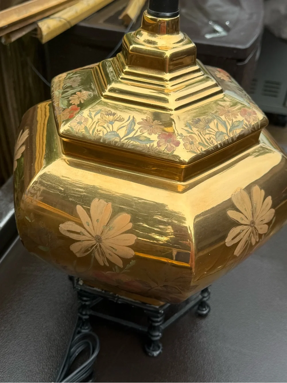 Vintage Solid Cast Brass Chinoiserie Ginger Jar Table Lamp hand painted flowers